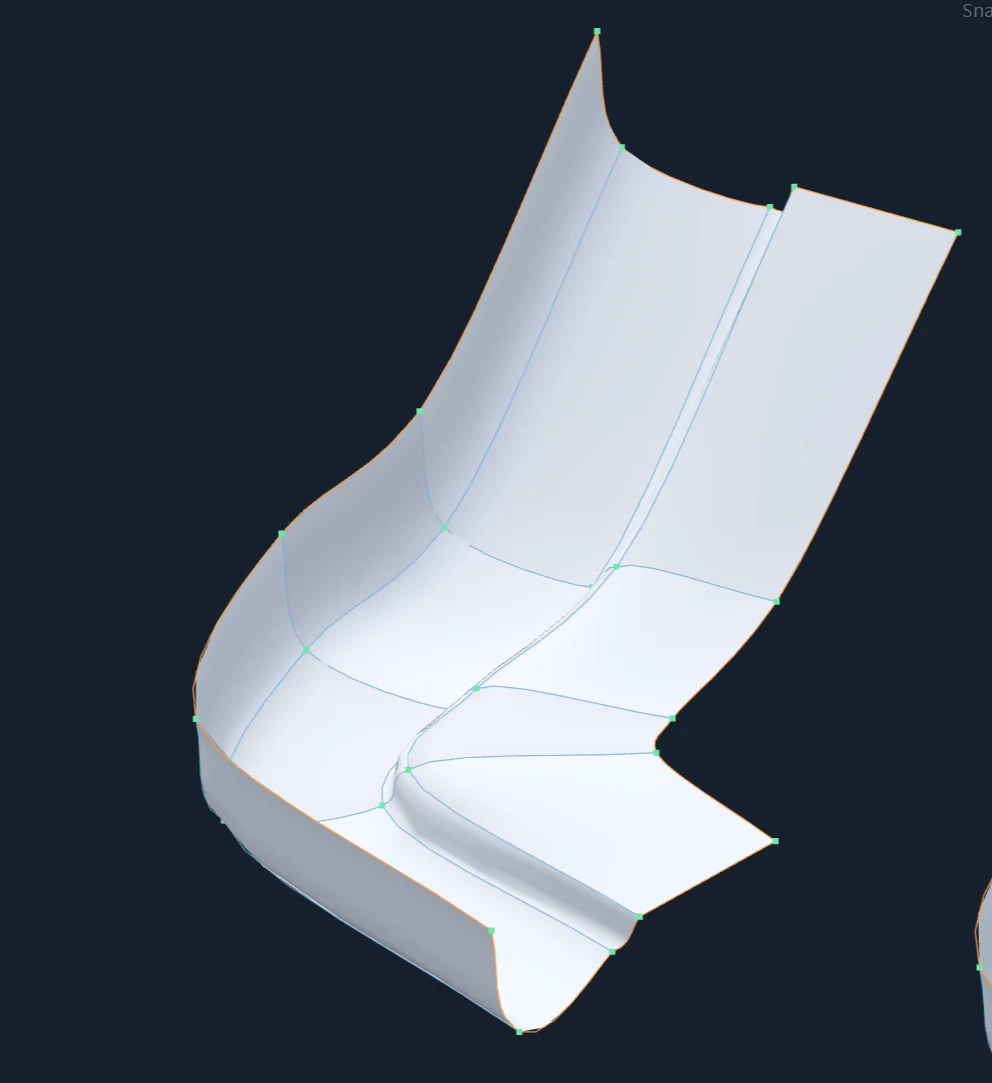 A curved, untextured trail formed by a small number of smooth Bézier patches.