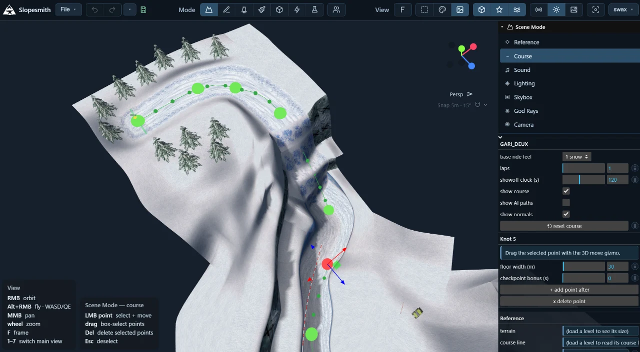 Scene Mode with a green course line, editable knots, and course settings beside a snowy turn.