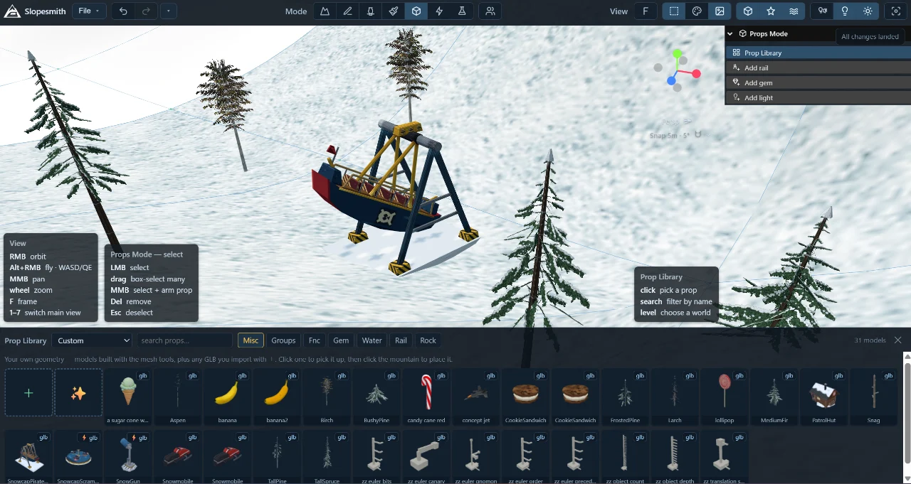 Props Mode with a custom pirate-ship model on the snow and a searchable library of custom models.