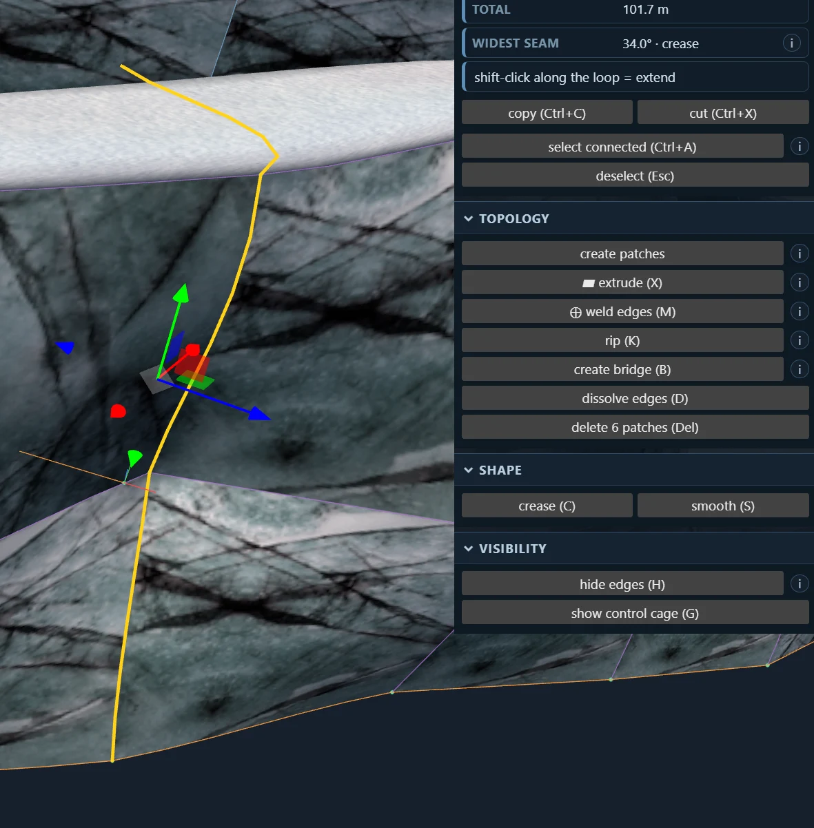 A selected yellow edge chain with weld, bridge, crease, smooth, and control-cage actions in the Edit panel.