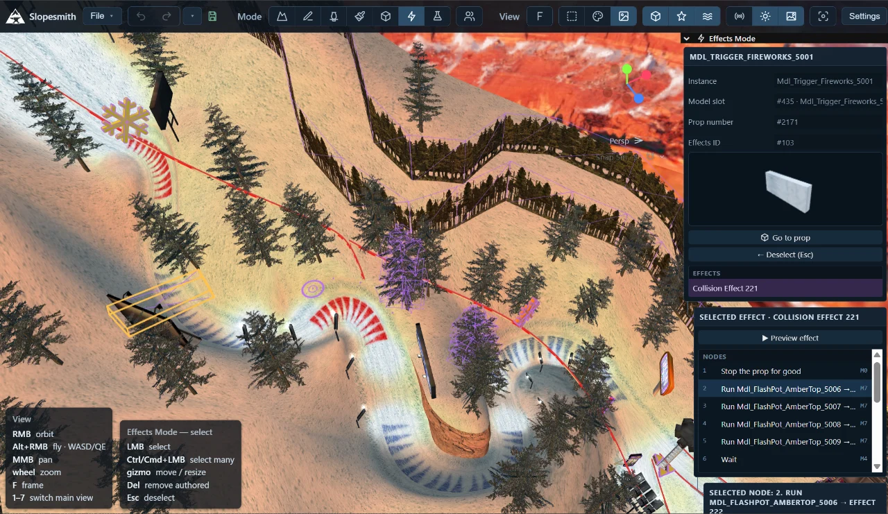 Effects Mode with a selected fireworks trigger, an effect list, a Preview effect control, and individual effect nodes.