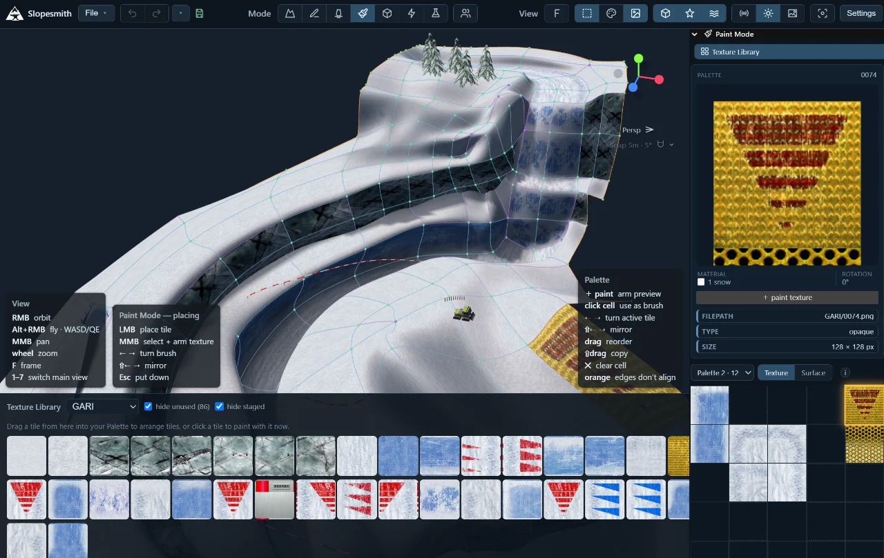 The Slopesmith Paint Mode workspace showing a snowy mountain, the right-side palette, and the bottom Texture Library.