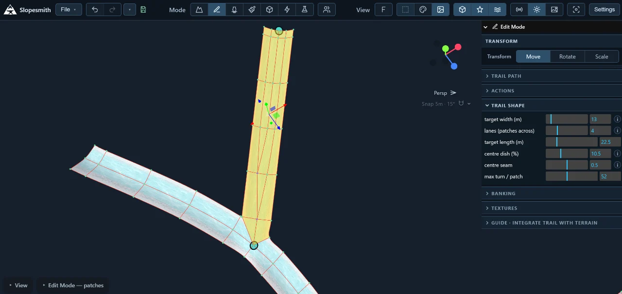 A branching trail network with one selected path and controls for target width, lanes, length, and center dish.