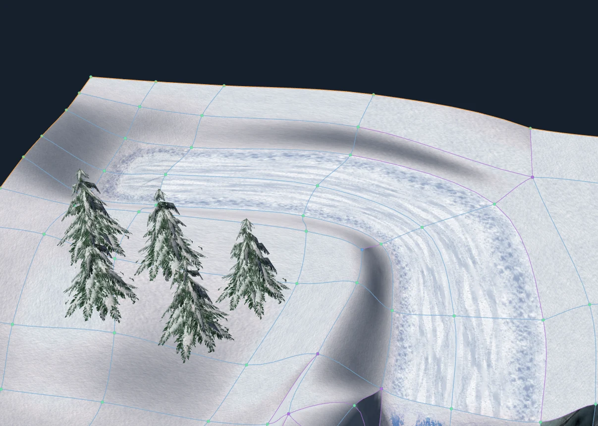Trees placed near the inside of a snowy turn, with the terrain’s patch edges visible.